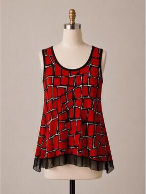 Red Abstract Mesh Hem Tunic Tank Top